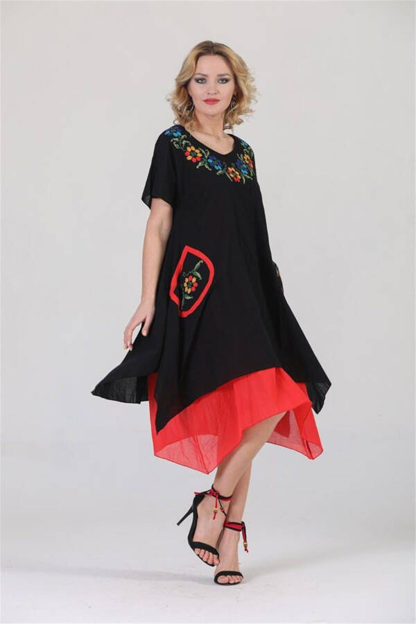 3815 Plus Size Embroidered Skirt Layered Short Sleeve Cotton Authentic Dress - 18