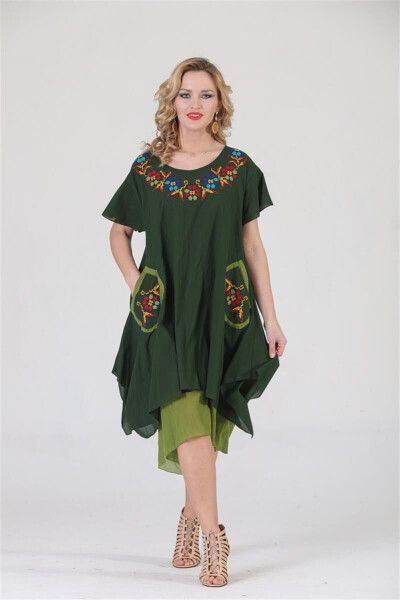 3815 Plus Size Embroidered Skirt Layered Short Sleeve Cotton Authentic Dress - 23