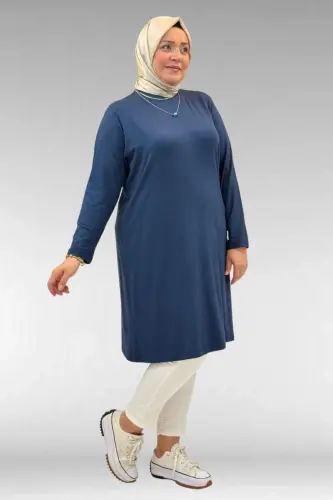 38501 Büyük Beden Basic Penye Tunik - İndigo - 1