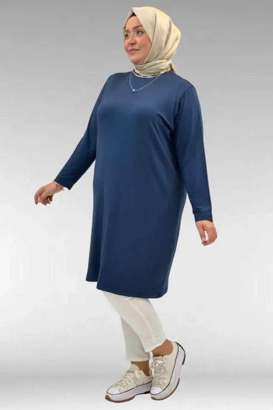 38501 Büyük Beden Basic Penye Tunik - İndigo - 3