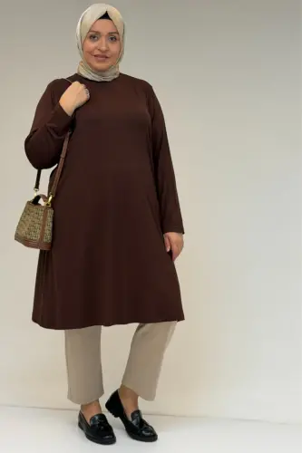 38501 Büyük Beden Basic Penye Tunik - Kahverengi - 1