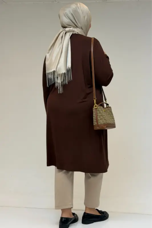38501 Büyük Beden Basic Penye Tunik - Kahverengi - 3