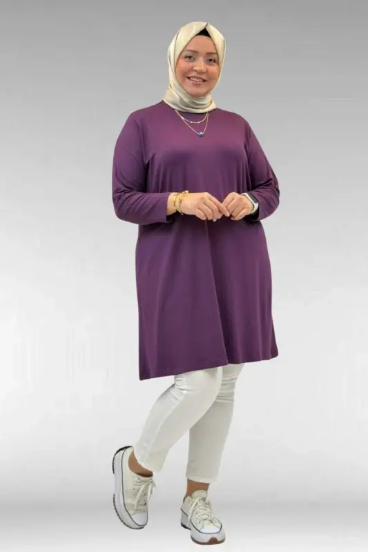 38501 Büyük Beden Basic Penye Tunik -Mürdüm - BÜYÜKBEDENIZ