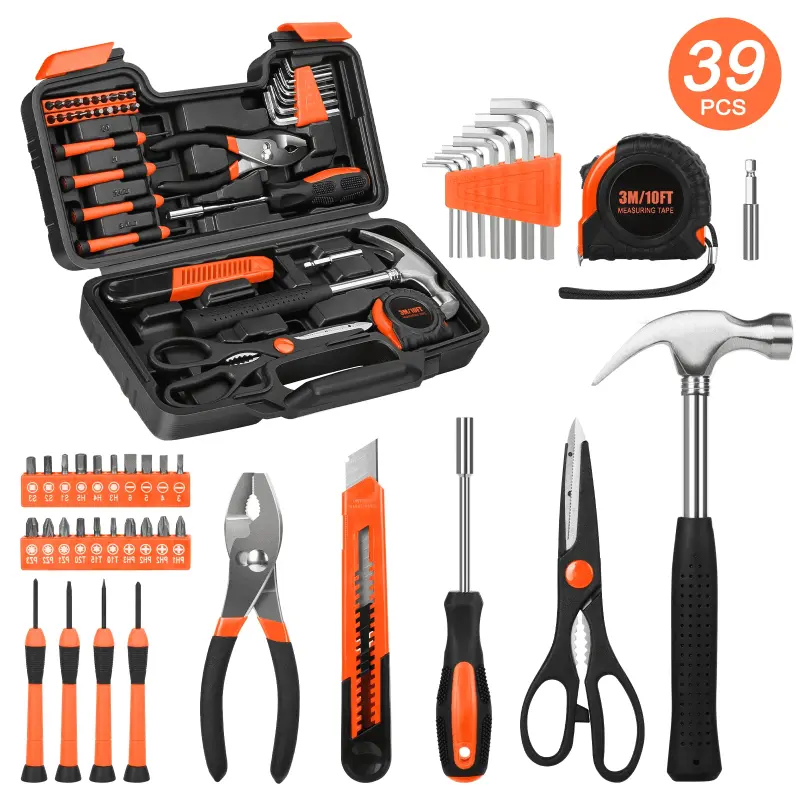 Cshidworld 39 Piece Tool Sets All Purpose Household Tool Kit, Home Tool Set Case with Toolbox Great for Girls Ladies and Women, Household Hand Kit for Home Garage Office College Dormitory, Orange-39-ORANGE - 1