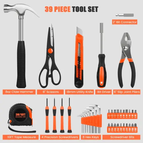 Cshidworld 39 Piece Tool Sets All Purpose Household Tool Kit, Home Tool Set Case with Toolbox Great for Girls Ladies and Women, Household Hand Kit for Home Garage Office College Dormitory, Orange-39-ORANGE - 7