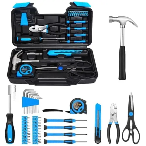 39 Piece Basic Home Tool Set Household Tool Set General Repair Small Hand Tool Kit in Toolbox Storage Case for Home Garage Office College Dormitory Use, Blue - 1