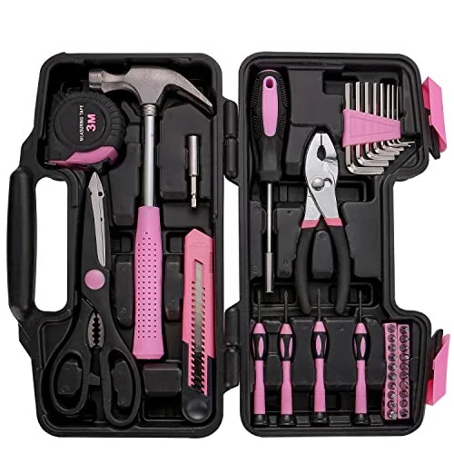 39-Piece All Purpose Household Pink Tool Kit for Girls, Ladies and Women - Includes All Essential Tools for Home, Garage, Office and College Dormitory Use - 39 (1)