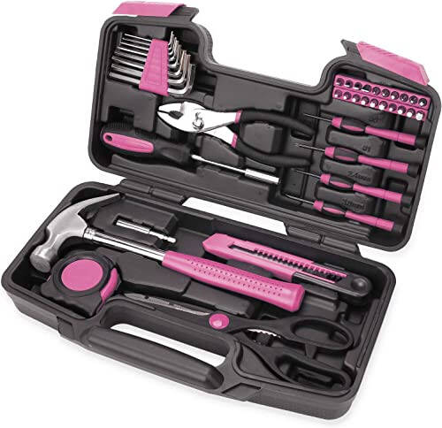 39-Piece All Purpose Household Pink Tool Kit for Girls, Ladies and Women - Includes All Essential Tools for Home, Garage, Office and College Dormitory Use - 1