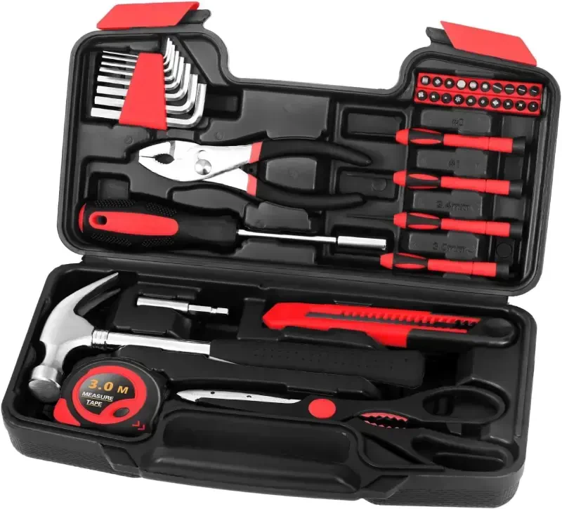 39 Piece All Purpose Household Tool Kit Small Basic Home Tool Set with Toolbox Great for Home, Garage, Office and College Dormitory Use, DIY and Crafts-RED - HOEY