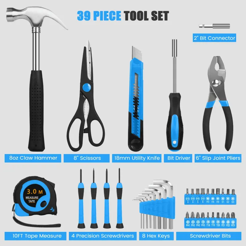 39 Piece Tool Sets All Purpose Household Tool Kit, General Basic Home Tool Set Case with Toolbox Great for Girls Ladies and Women - 6