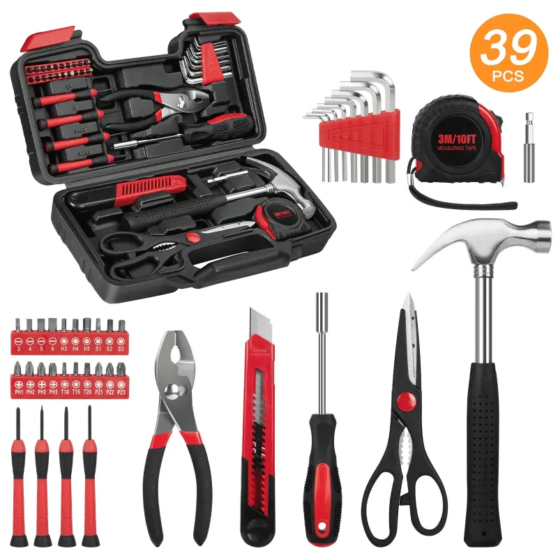 39 Piece Tool Sets All Purpose Household Tool Kit, General Basic Home Tool Set Case with Toolbox Great for Girls Ladies and Women, Household Hand Kit for Home Garage Office College Dormitory, Red - CSHIDWORLD