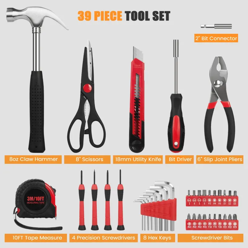 39 Piece Tool Sets All Purpose Household Tool Kit, General Basic Home Tool Set Case with Toolbox Great for Girls Ladies and Women, Household Hand Kit for Home Garage Office College Dormitory, Red - 7