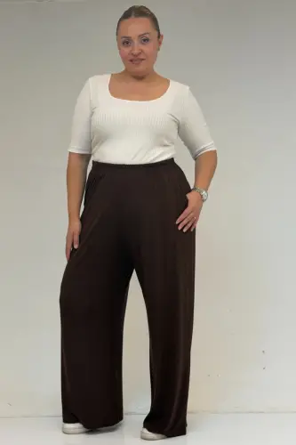 39000 Büyük Beden Yüksek Beli Lastikli Penye Pantolon - Kahve - 1