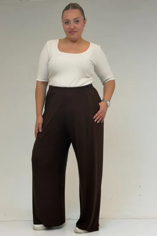39000 Büyük Beden Yüksek Beli Lastikli Penye Pantolon - Kahve - 1