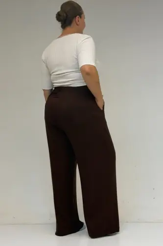 39000 Büyük Beden Yüksek Beli Lastikli Penye Pantolon - Kahve - 3