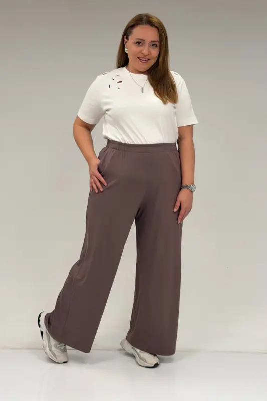 39000 Plus Size High Waist Elastic Waist Wide Leg Cotton Pants - Mink - 1