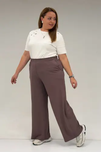 39000 Plus Size High Waist Elastic Waist Wide Leg Cotton Pants - Mink - 3