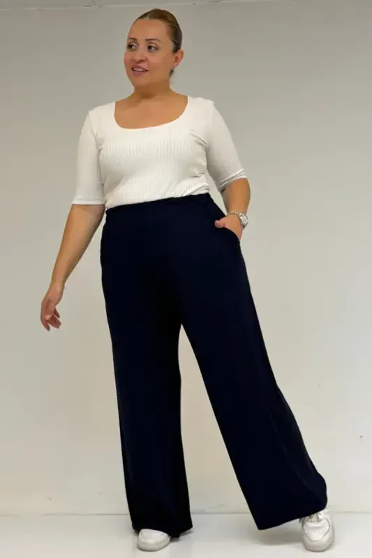 39000 Plus Size High Waist Elastic Waist Wide Leg Knitted Pants - Navy Blue - 1