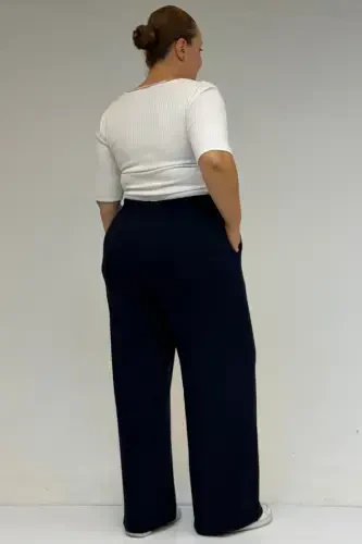 39000 Plus Size High Waist Elastic Waist Wide Leg Knitted Pants - Navy Blue - 3