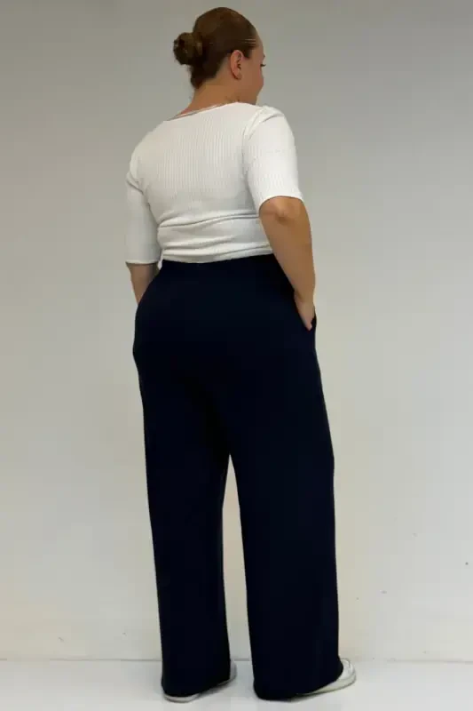 39000 Plus Size High Waist Elastic Waist Wide Leg Knitted Pants - Navy Blue - 3