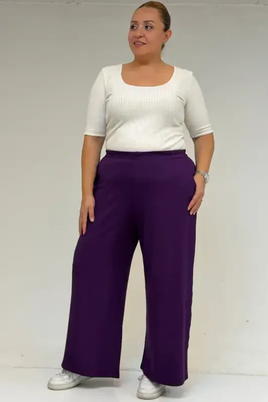 39000 Plus Size High Waist Elasticated Wide Leg Knit Pants - Plum - BÜYÜKBEDENIZ