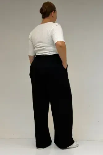 39000 Plus Size High Waist Elasticated Wide Leg Knitted Trousers - Black - 3