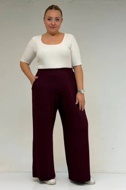 39000 Plus Size High Waist Elasticated Wide Leg Knitted Trousers - Burgundy - BÜYÜKBEDENIZ