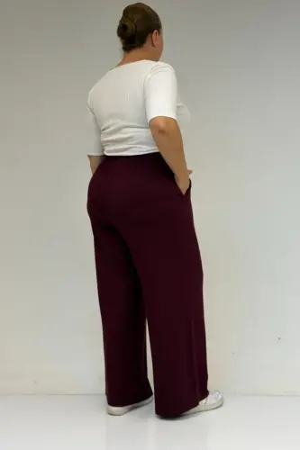 39000 Plus Size High Waist Elasticated Wide Leg Knitted Trousers - Burgundy - 3