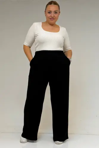39000 Plus Size High Waisted Elastic Wide Leg Jersey Trousers - Black - 1