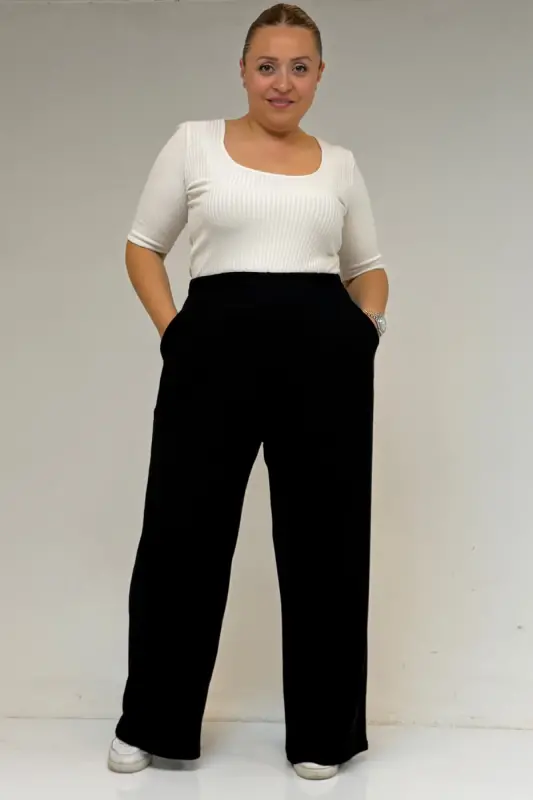 39000 Plus Size High Waisted Elastic Wide Leg Jersey Trousers - Black - 1