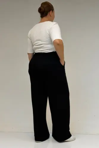 39000 Plus Size High Waisted Elastic Wide Leg Jersey Trousers - Black - 3