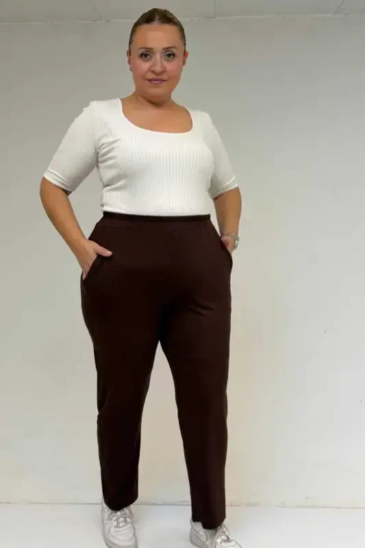 39001 Plus Size High Waist Elastic Waist Knitted Pants - Brown - BÜYÜKBEDENIZ
