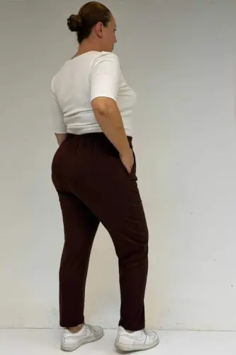 39001 Plus Size High Waist Elastic Waist Knitted Pants - Brown - 3