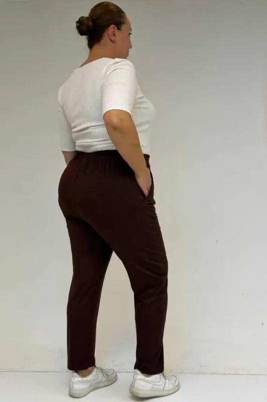 39001 Plus Size High Waist Elastic Waist Knitted Pants - Brown - 3