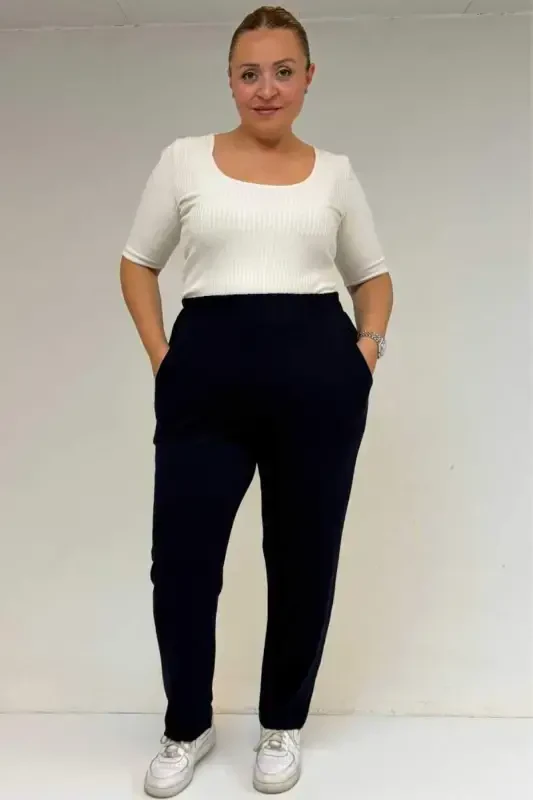39001 Plus Size High Waist Elastic Waist Knitted Pants - Navy Blue - BÜYÜKBEDENIZ