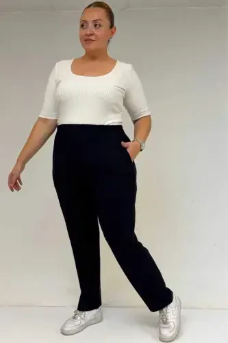 39001 Plus Size High Waist Elastic Waist Knitted Pants - Navy Blue - 3