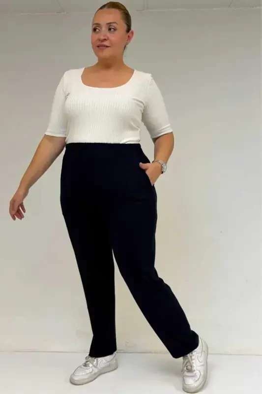 39001 Plus Size High Waist Elastic Waist Knitted Pants - Navy Blue - 3