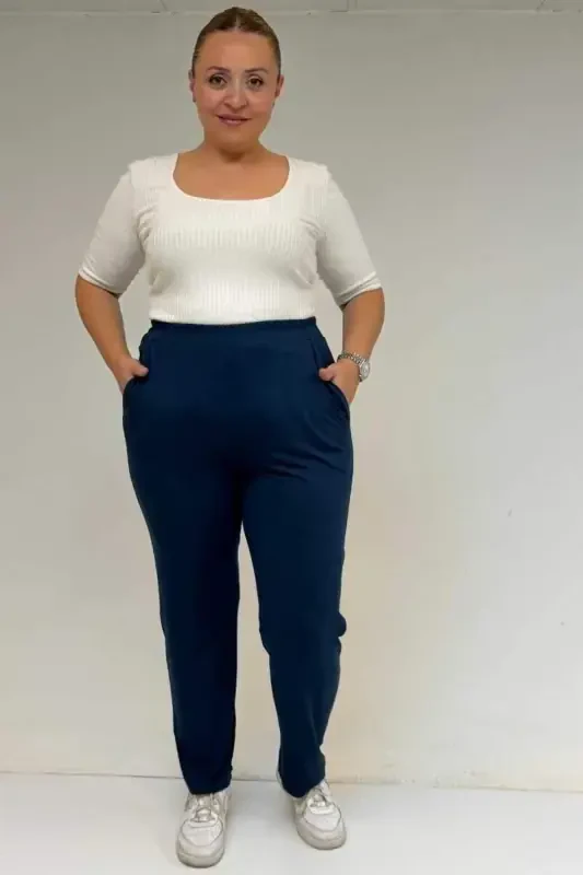 39001 Plus Size High Waist Elastic Waist Knitted Pants -Petrol - 1