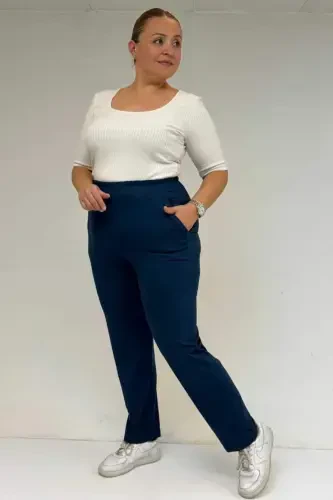 39001 Plus Size High Waist Elastic Waist Knitted Pants -Petrol - 3