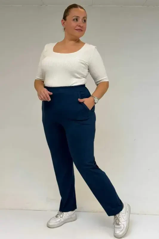 39001 Plus Size High Waist Elastic Waist Knitted Pants -Petrol - 3