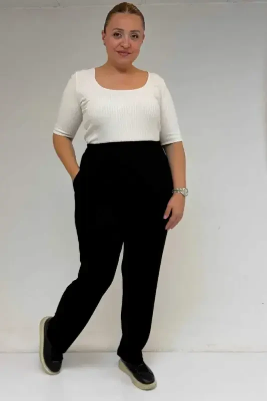 39001 Plus Size High Waist Elastic Waistband Knitted Pants - Black - BÜYÜKBEDENIZ