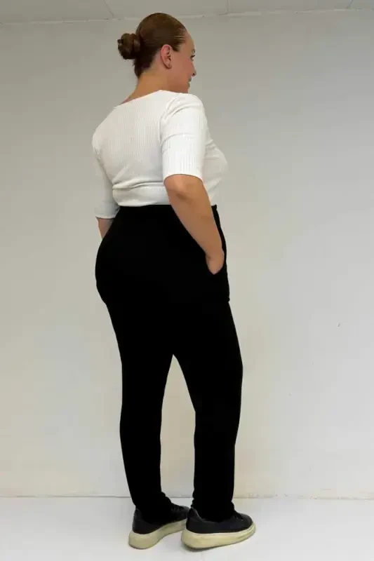 39001 Plus Size High Waist Elastic Waistband Knitted Pants - Black - 3