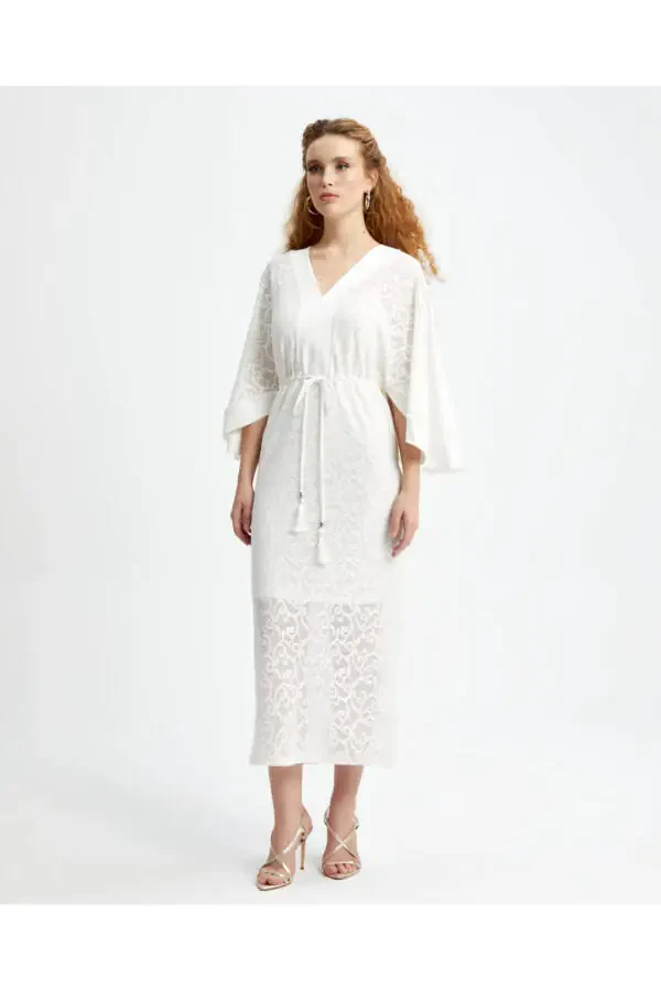 39253 V-bo'yinli ispan qo'lli uzun ekru libos - 1