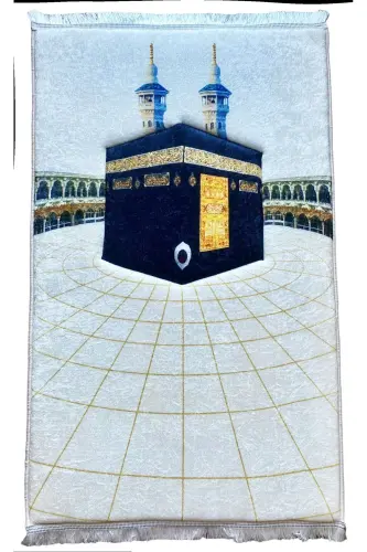 3cm Kalın Süngerli Yumuşak Kabe Seccade Yıkanabilir Çeyizlik Hediyelik Namazlık Kabe Desenli - BEYAZ GOLD KABE - 3