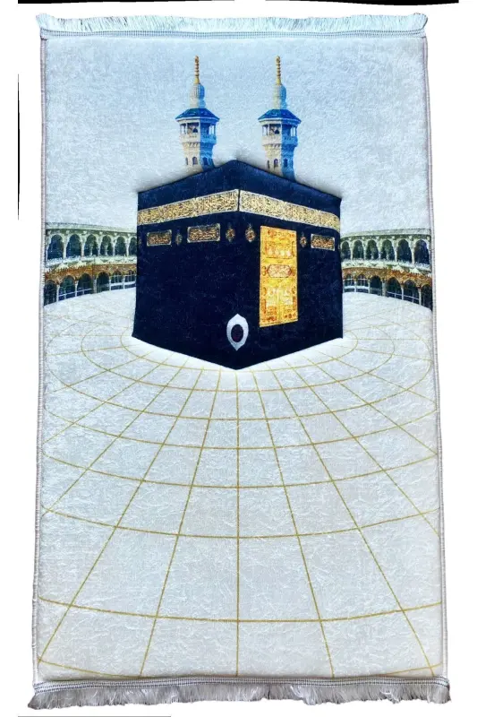 3cm Kalın Süngerli Yumuşak Kabe Seccade Yıkanabilir Çeyizlik Hediyelik Namazlık Kabe Desenli - BEYAZ GOLD KABE - 3