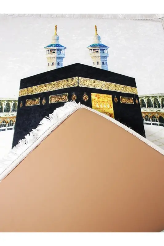 3cm Kalın Süngerli Yumuşak Kabe Seccade Yıkanabilir Çeyizlik Hediyelik Namazlık Kabe Desenli - BEYAZ GOLD KABE - 6