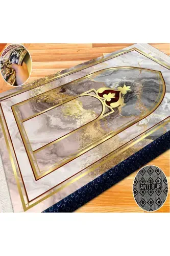 3cm Kalın Süngerli Yumuşak Seccade Diz Ağrıtmaz Çeyizlik Hediyelik Namazlık Katlanabilir-GOLD MERMER - 1