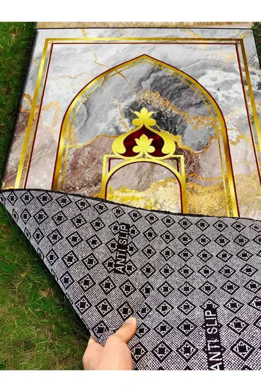 3cm Kalın Süngerli Yumuşak Seccade Diz Ağrıtmaz Çeyizlik Hediyelik Namazlık Katlanabilir-GOLD MERMER - 4