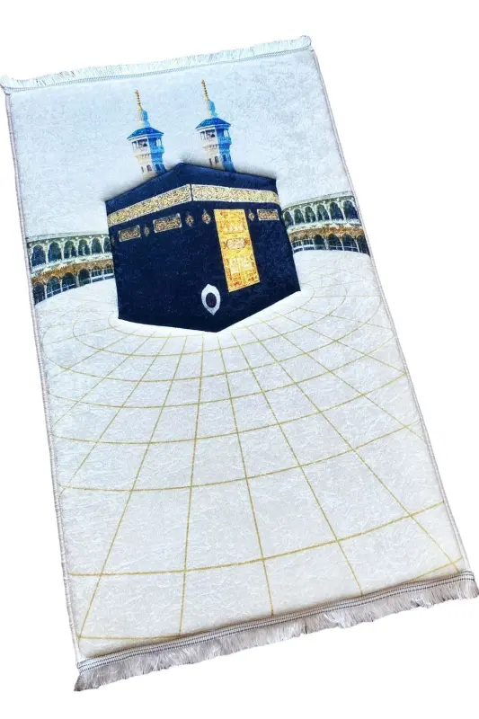 3cm Thick Sponge Soft Kaaba Prayer Rug Washable Dowry Gift Prayer Rug Kaaba Pattern-WHITE GOLD KAABA - 4