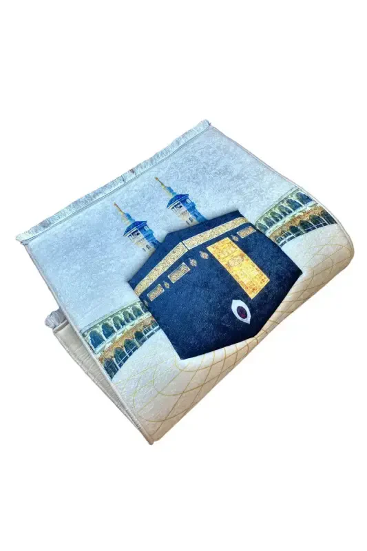 3cm Thick Sponge Soft Kaaba Prayer Rug Washable Dowry Gift Prayer Rug Kaaba Pattern-WHITE GOLD KAABA - 4